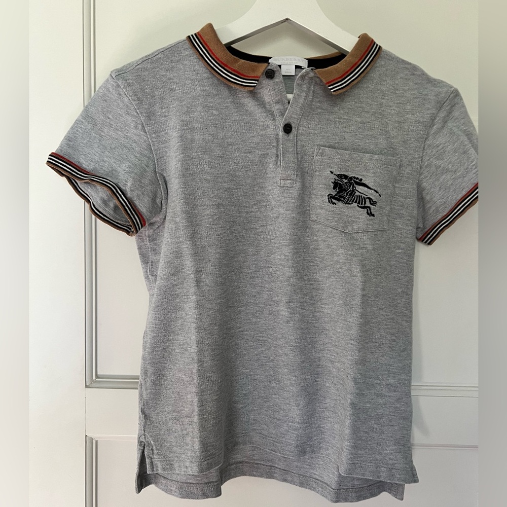 Burberry Children kid Boy Gray Short Sleeve Cotton Polo Shirt Size 14Y Fits 12